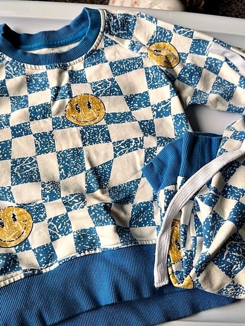 LITTLE BIPSY Checkered Smiley Crewneck & Joggers Set Blue & White 18-24M